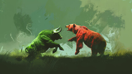 Green Bull versus Red Bear. Stock market illustration, opposition concept in Trade exchange. Global economy boom or crash, bullish run versus bearish market.