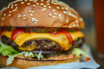 Double cheeseburger with fresh toppings. Close-up