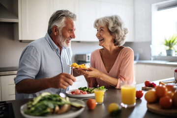 Caucasian married senior mature couple cooking in the kitchen