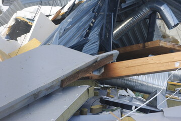 Collapsed house on a cold wintry day.