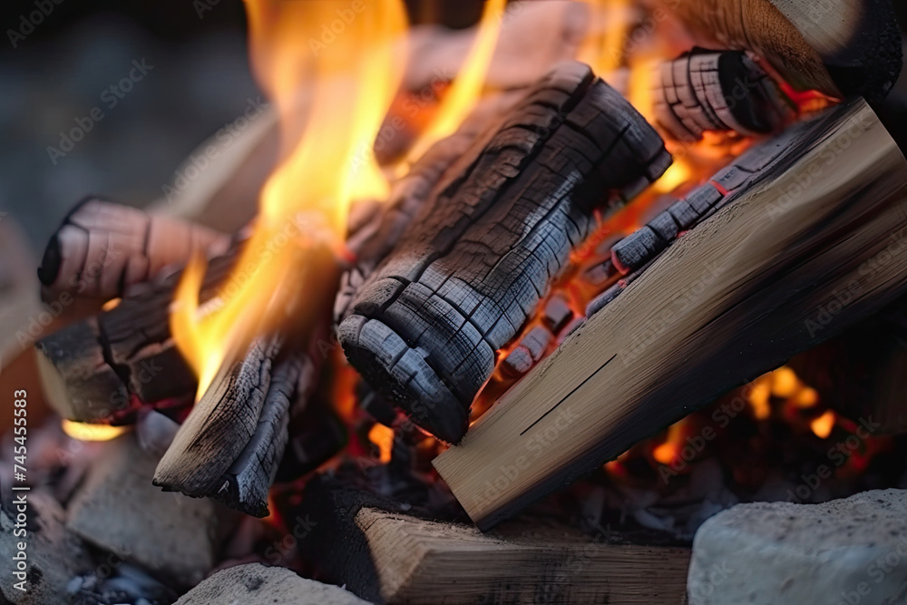 Poster a mesmerizing close-up of a roaring fire burning brightly in a rustic fire pit, casting warm light a