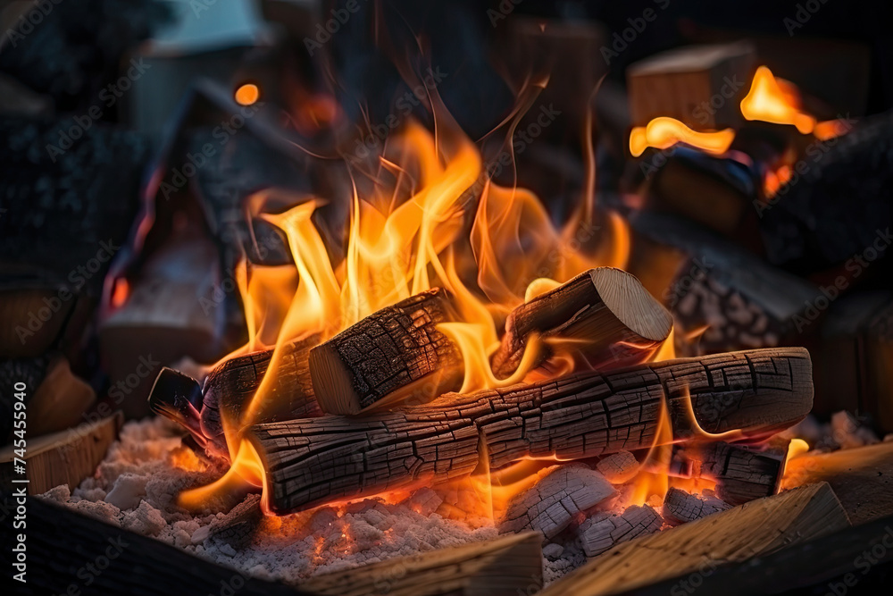 Poster intense red, orange, and yellow flames flicker and crackle in a cozy fireplace, casting a warm glow 