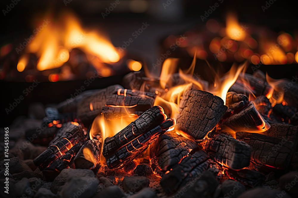 Poster a captivating close-up of vibrant flames flickering in a grill, creating a mesmerizing play of light