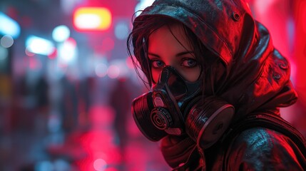 Naklejka premium outdoor portrait of young woman with gas mask. Created with Generative AI. 