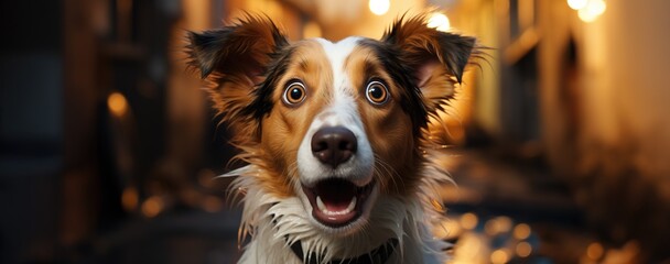 Puppy with open mouth and big eyes with funny face. Created with Generative AI. - obrazy, fototapety, plakaty