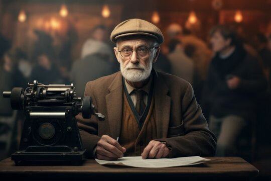 Observant Journalist old man. Cinema fame. Generate Ai