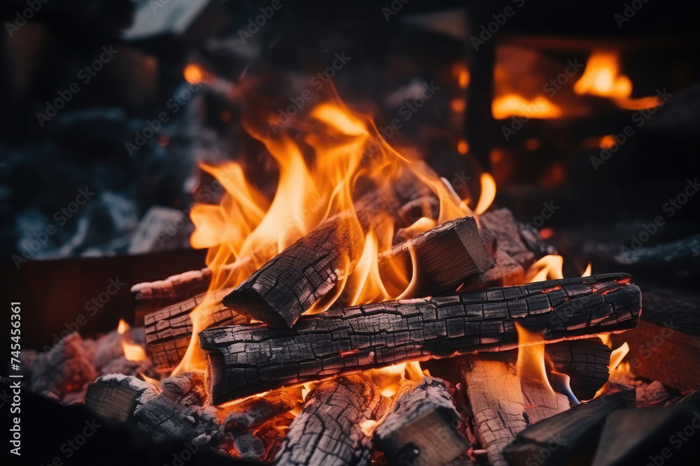 Aufkleber a mesmerizing close-up view of vibrant flames flickering and dancing in a fire pit, casting a warm g