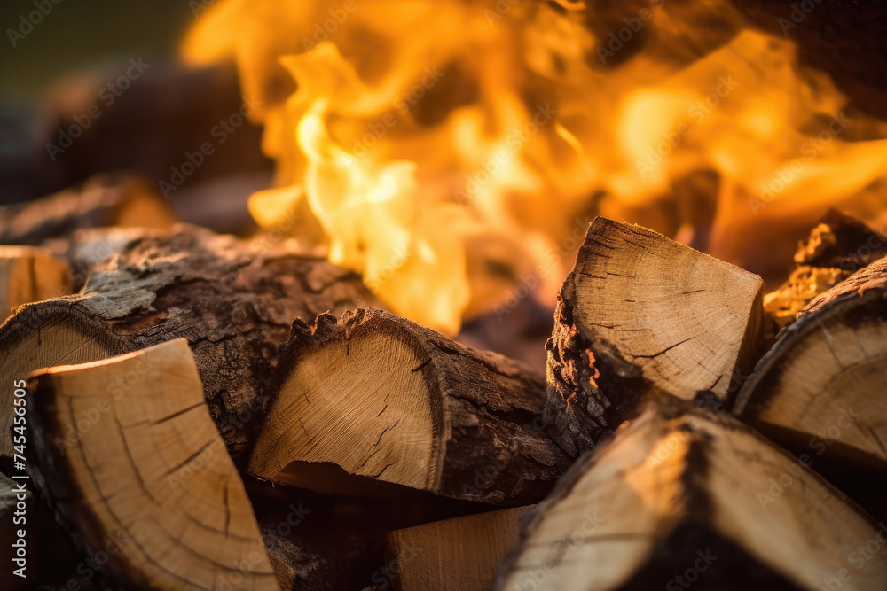 Aufkleber a close-up view of a stack of wood with flames flickering in the background, creating a warm and mes