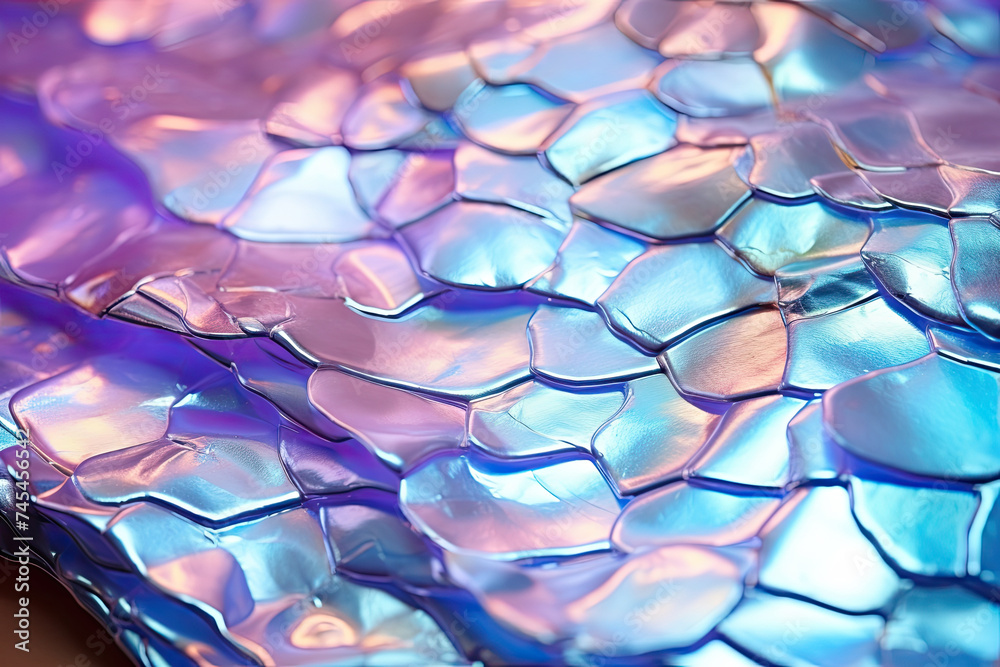 Poster a close-up capturing the iridescent beauty of a shiny blue and purple surface, reflecting light in a