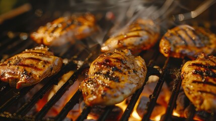 pieces of chicken are cooked on the grill