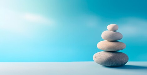 Zen stone stack on a bright blue sky background with copy space