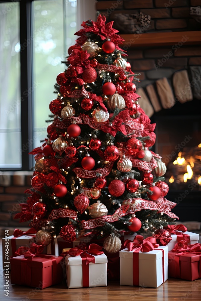 Wall mural A beautifully decorated Christmas tree stands tall, adorned with sparkling ornaments and twinkling lights. Beneath it, colorful presents are neatly wrapped and waiting to be opened