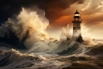 Fototapeta na wymiar Raging Sea storm lighthouse. Ocean wave. Generate Ai