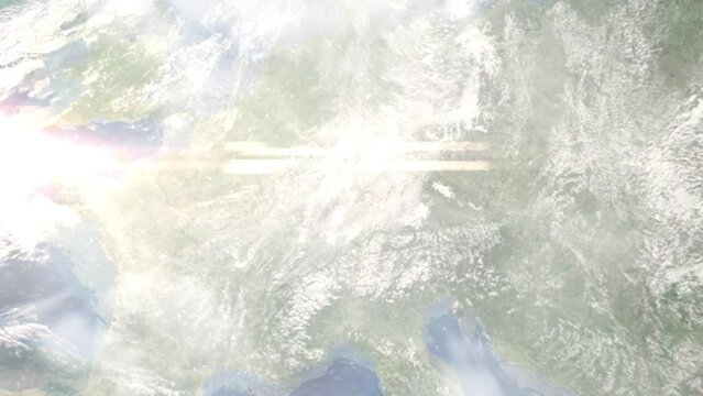 Earth zoom in from space and focus on Fellbach, Germany. 3D Animation. Satellite view. Background for travel intro. Images from NASA