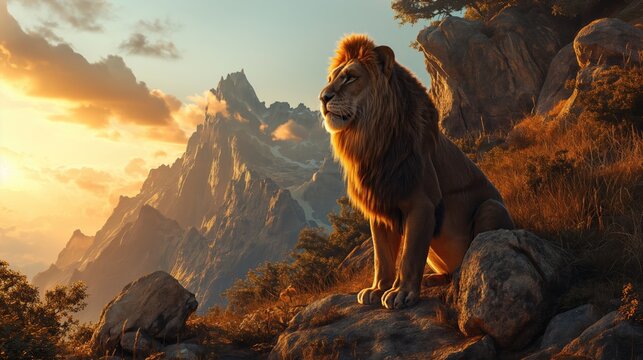 Fototapeta Lion at sunset. Created with generative AI.