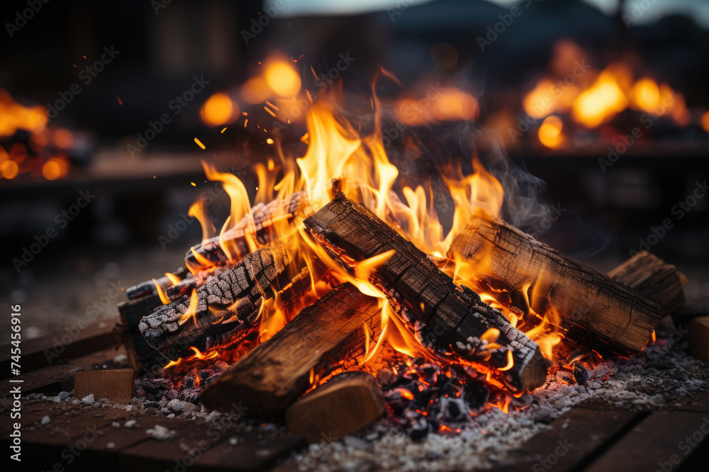 Poster intense flames crackling among a heap of firewood, creating a mesmerizing and hypnotic scene of warm