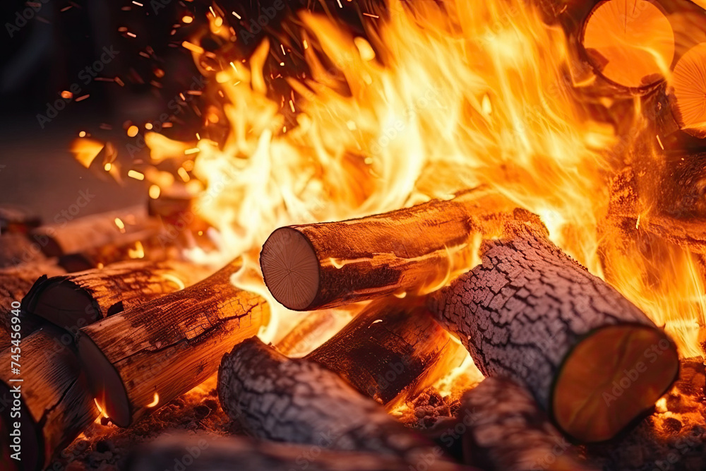 Poster a gathering of logs arranged neatly next to a crackling fire, emitting warmth and light in the darkn