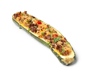 Tasty meat stuffed zucchini boat on white background
