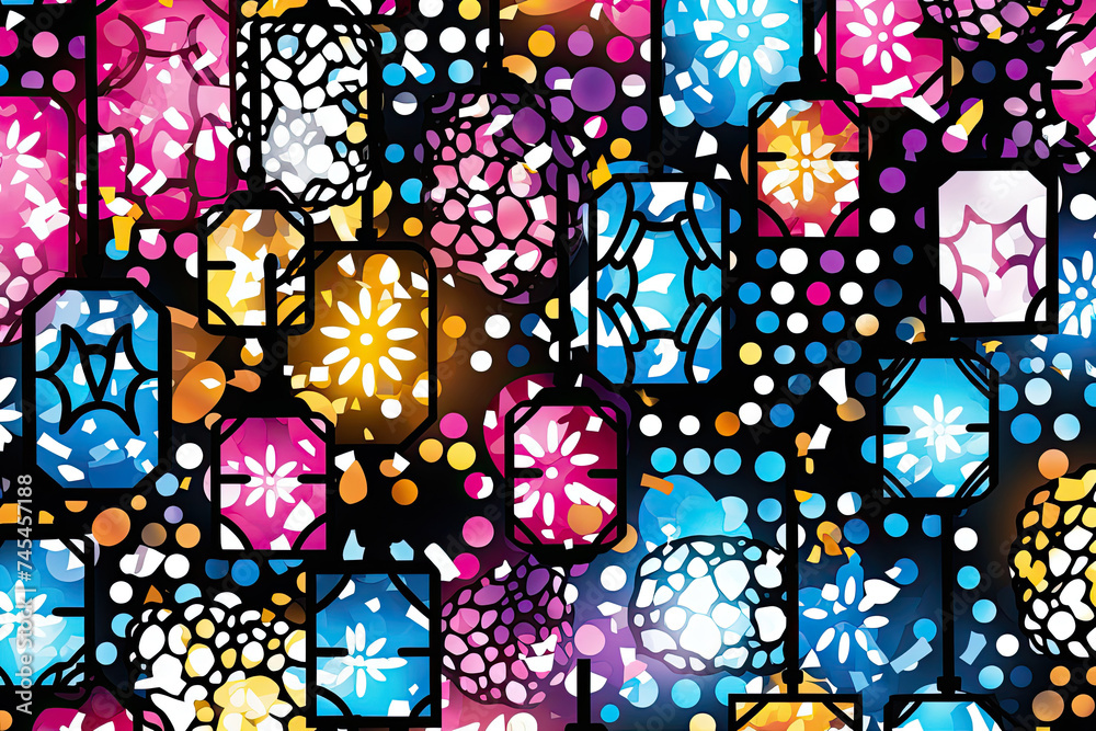 Aufkleber An intricate, vibrant multicolored pattern adorned with a myriad of varied shapes, creating a harmonious visual tapestry of artistry and complexity