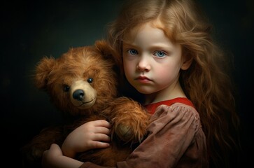 Endearing Little girl hugging her bear toy. Childhood at morning family comfort. Generate Ai