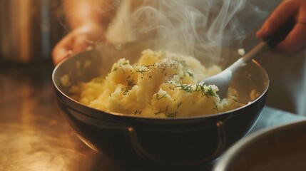 potatoes, boiled mashed potatoes with greens - obrazy, fototapety, plakaty