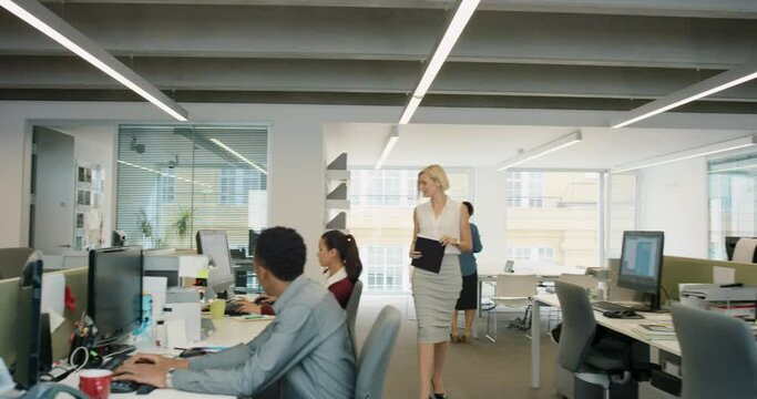 Diversity, business people or working in office by computer, supervisor or management for staff support. Workplace, employees and work by desktop for online training and technology for communication