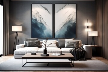 Abstract Art Wall Inspirations: Minimalist Room with Elegant Light Fixtures and Art Poster Wall