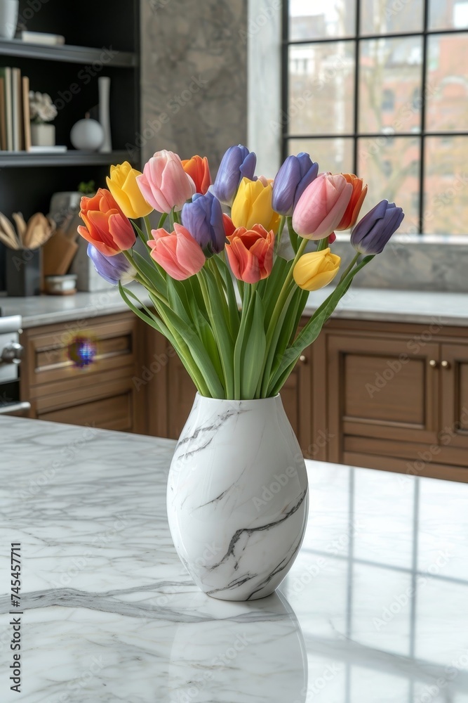 Poster a beautiful white vase overflows with a vibrant array of colorful flowers, sitting gracefully atop a