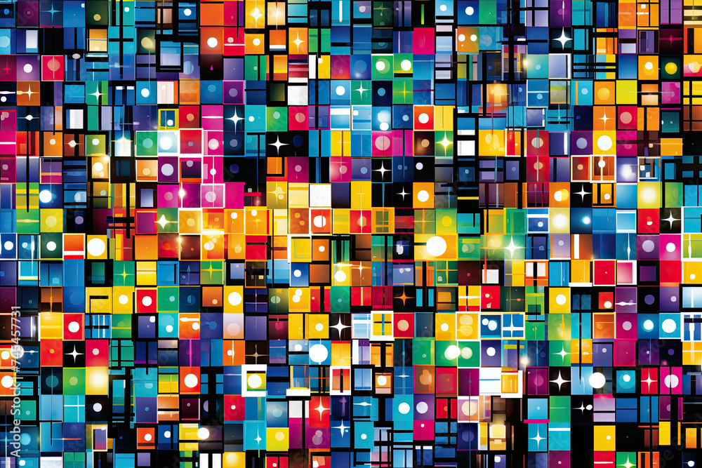 Poster A vibrant arrangement of squares and rectangles in various colors creates an abstract and eye-catching pattern