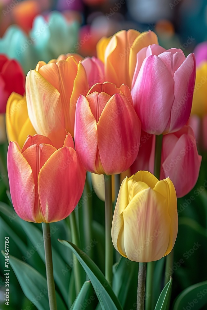 Poster A close up showcasing a vibrant array of multicolored tulip flowers, each petal glowing with its own unique hue