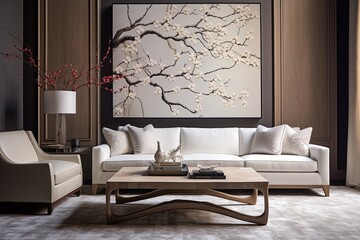 Abstract Drama: Tree Branch Accents Unveil Wall Highlights with Chic Rug Ambience