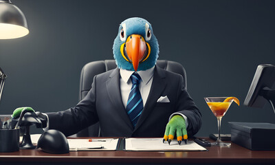 Parrot business portrait dressed as a manager or ceo in a formal office business suit with glasses and tie