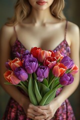 A woman in a flowing dress delicately holds a vibrant bouquet of flowers, her expression filled with joy and admiration for the colorful blossoms