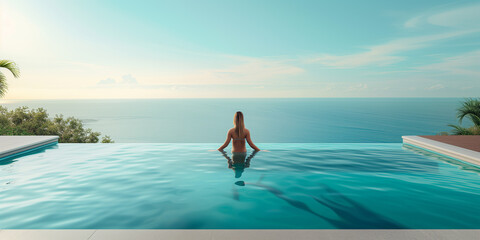 Fototapeta na wymiar A woman experiences tranquility in an infinity pool overlooking a vast ocean, bordered by a clear sky and tropical foliage