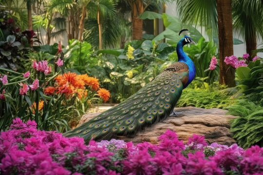A colorful peacock stands proudly on a lush green field, displaying its vibrant plumage against the backdrop of natures abundance