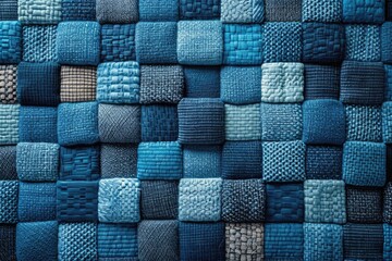 A close up of a meticulously crafted quilt featuring intricate patterns of blue and brown fabric stitched together