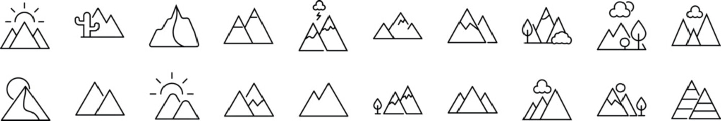 Collection of thin signs of mountain. Editable stroke. Simple linear illustration for stores, shops, banners, design