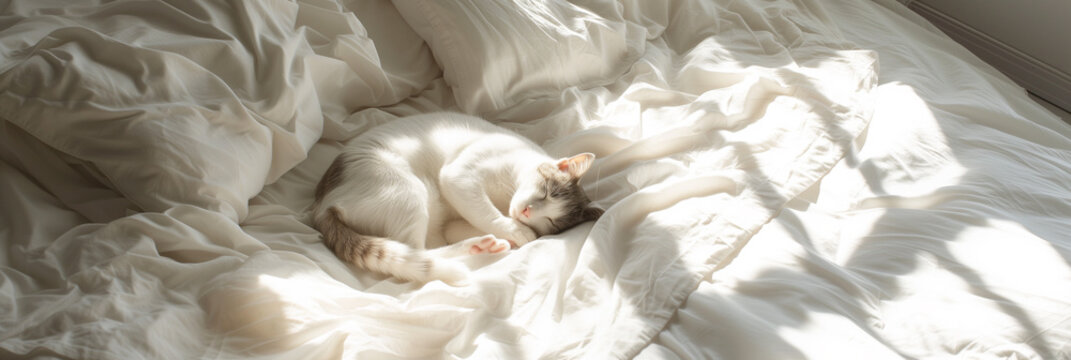 A serene image of a cat curled up, sleeping peacefully on a white, sunlit bed.