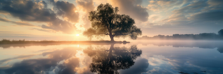 Solitary tree reflected in a lake under a misty sunrise sky.