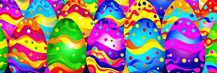 A vibrant display of a large group of multicolored eggs lined up in a row, showcasing various hues and patterns for a festive and cheerful celebration