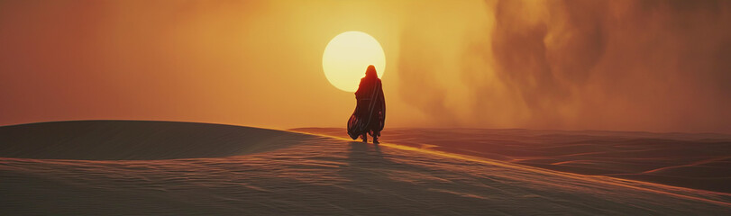 Lone figure in traditional robes walking on a desert dune at sunset with a dramatic sky. - Powered by Adobe