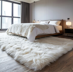 white long hair carpet on floor of modern bedroom