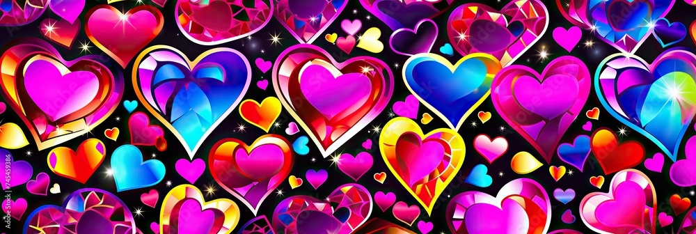 Poster A vibrant collection of multicolored hearts scattered across a deep black background, creating a mesmerizing and expressive display of warmth and emotion