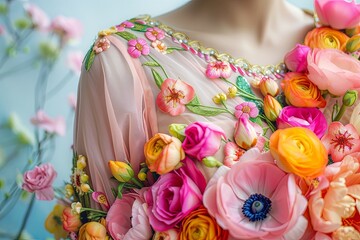 A close up of a stunning dress covered in intricate floral designs, showcasing the beauty of nature and fashion coming together in a harmonious blend