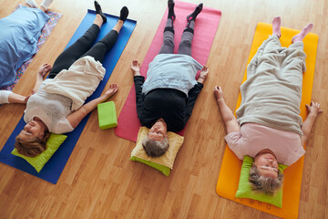 Top view of group of senior women engage in various yoga exercises, including neck, back, and leg stretches, under the guidance of a trainer in a sunlit space, promoting well-being and harmony