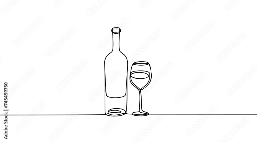 Canvas Prints Wineglass outline vector icon. Continuous one line drawn a bottle of wine and a glass.