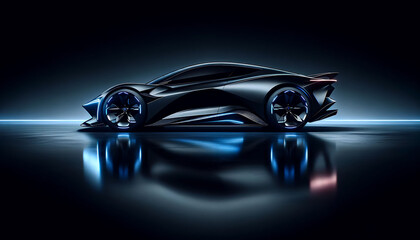 Naklejka premium Futuristic concept car with sleek design and dynamic blue lighting, reflecting on a glossy surface.