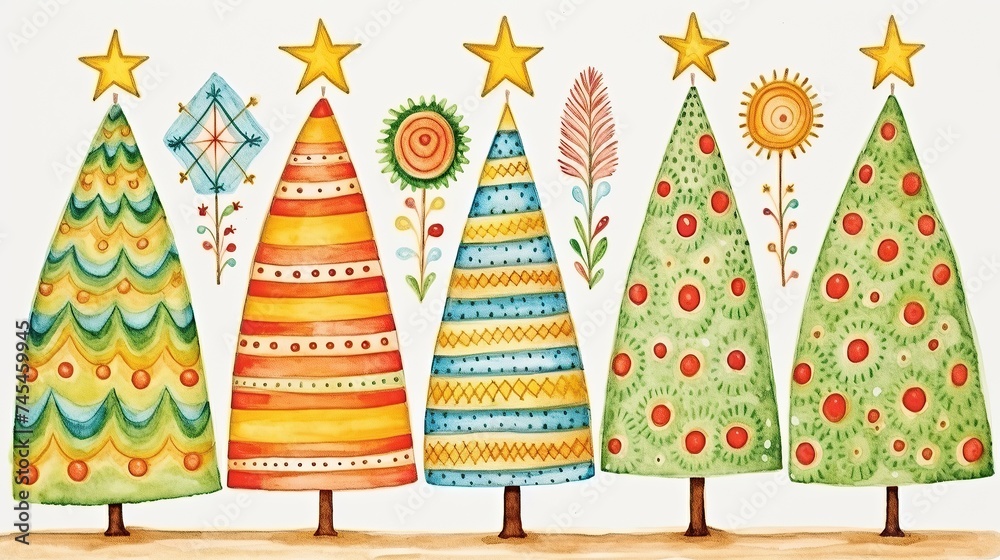 Poster a vibrant painting capturing a joyful row of christmas trees adorned with colorful ornaments and twi