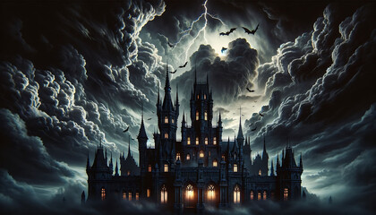 A gothic castle illuminated against a dramatic backdrop of storm clouds and lightning, with silhouetted bats flying.