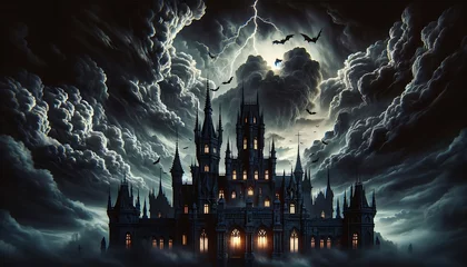 Fotobehang A gothic castle illuminated against a dramatic backdrop of storm clouds and lightning, with silhouetted bats flying. © Maule
